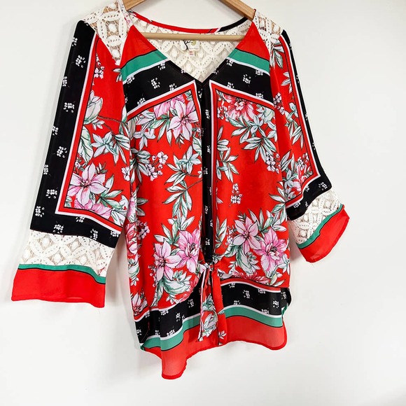 Fig & Flower Peasant Boho Tie Front Lace Back Tunic Long Sleeve MEDIUM - Picture 3 of 13